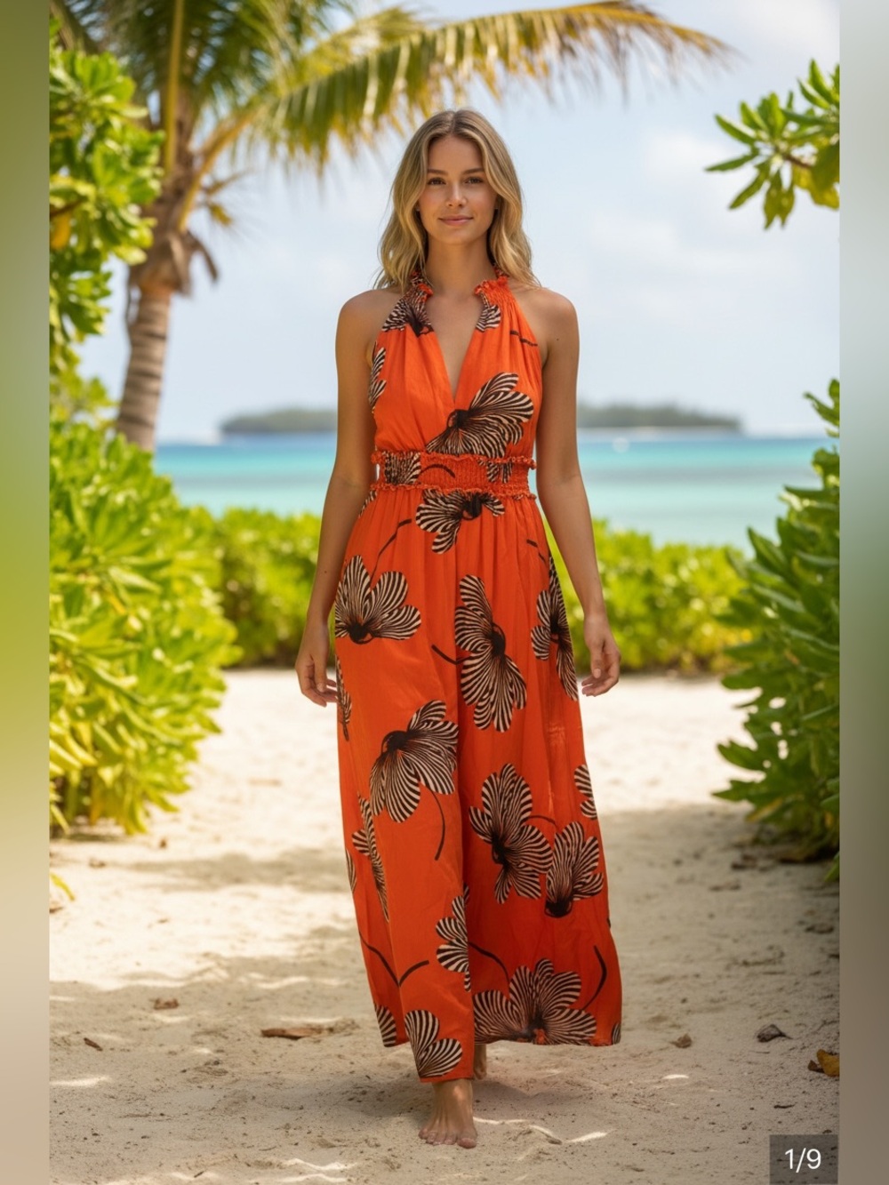 Ann Taylor -  Orange Halter Dress with Black & White Floral Accent